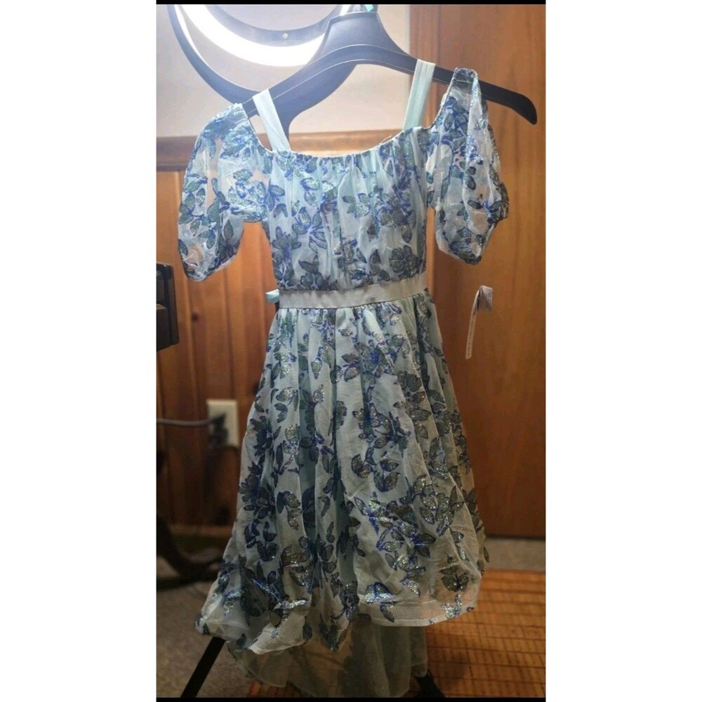 My Michelle Girl's Aqua Blue Glitter Off Shoulder High Low Maxi Dress Sz. 10 NWT